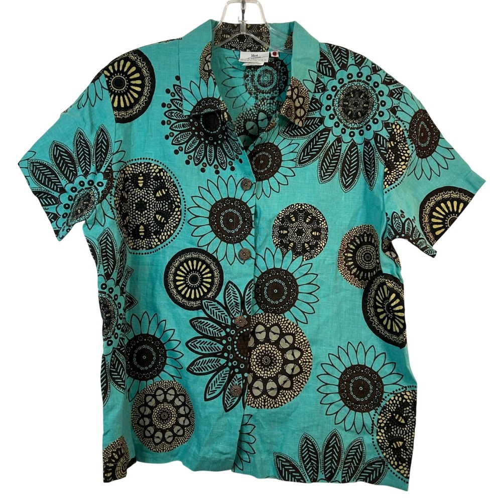 Hot Cotton by Marc Ware Linen Sunflower Mandala Button Up Shirt Turquoise Size M
